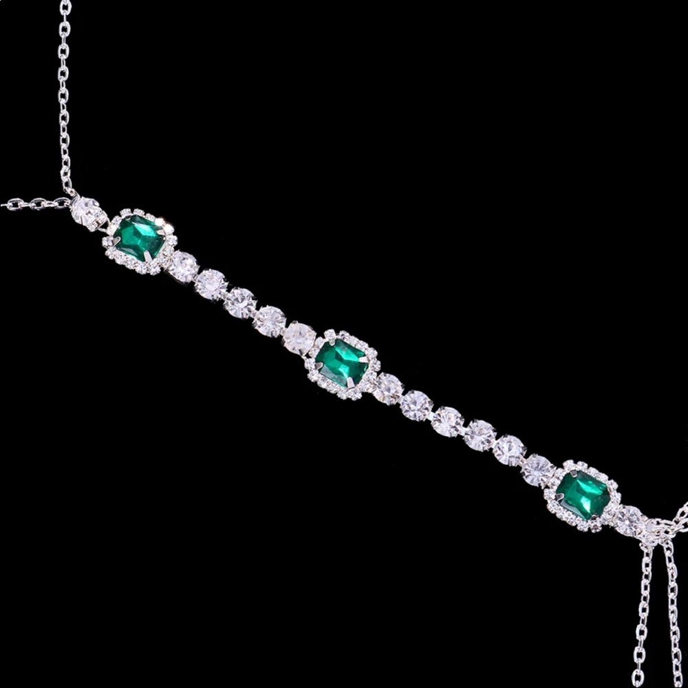 Silver Body Chain with Crystals and Emerald Green Stones - Picture 3 of 3